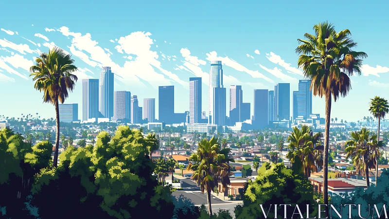 Sunlit palm-lined skyline overlooks a vibrant modern city