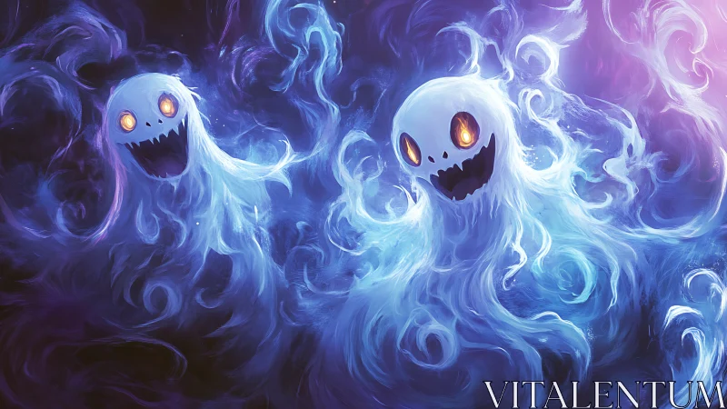 Glowing ghost spirits swirl through vibrant spectral mist