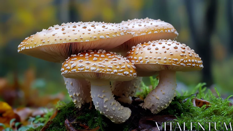 Clustered forest mushrooms form a low group on damp moss