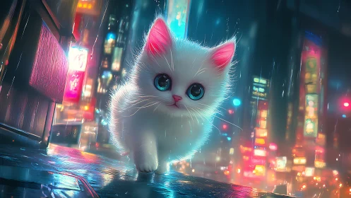 White Cat with Pink Ears in Neon Rain.