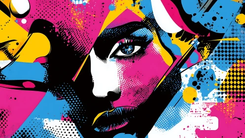 Neon splashes orbit a half-hidden face in comic fever