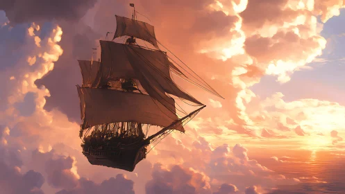 Skybound sailing ship drifts gently through glowing clouds