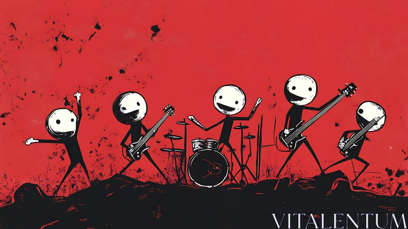 Stick-figure rock band performing on red abstract background