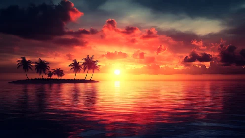 Sunset paints an island silhouette in molten tropical fire