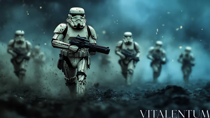 Stormtrooper charge through smoky, cinematic battlefield.