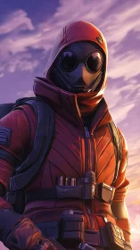 Masked tactical figure in red hooded suit stands under sky