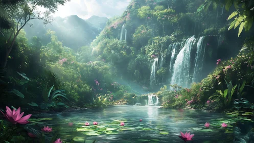 Dreamy waterfall lagoon wrapped in soft emerald jungle light.