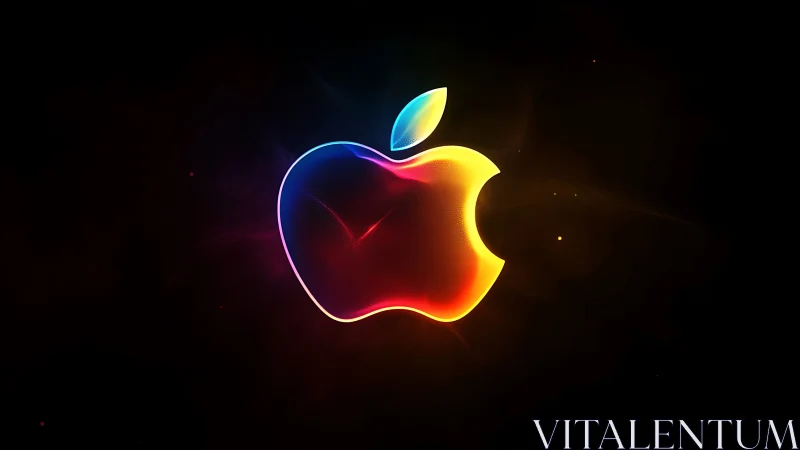 Glowing multicolor apple logo on dark gradient background.