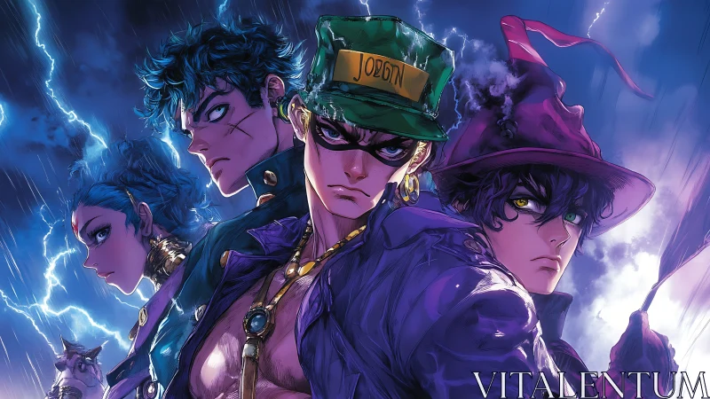 Dynamic quartet in stormlit anime portrait with high-contrast rim lighting