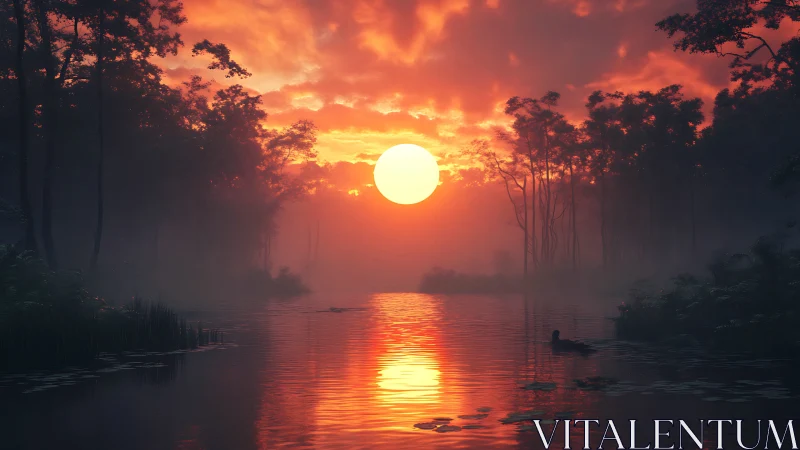 Crimson sun melts over misty forest river at hushfall.