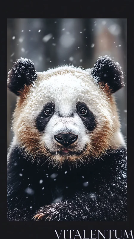 Photorealistic close-up of giant panda in falling winter snow