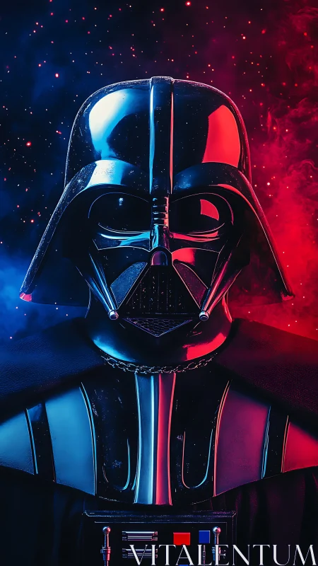 High-contrast sci‑fi armor portrait with dual red blue rim lighting