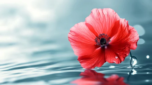 Red Poppy Bloom with Water Droplet: Soft-Focus Aquatic Study