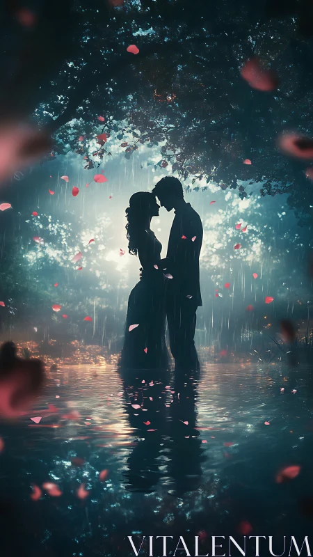 Silhouetted Couple Embracing in Bioluminescent Rain Storm