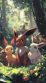 Eevee companions bask in dappled sunlight of a tranquil forest