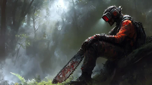 Battle weary lumberjack resting with haunted chainsaw dream.