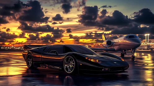Aerodynamic supercar and jet under reflective sunset tarmac.
