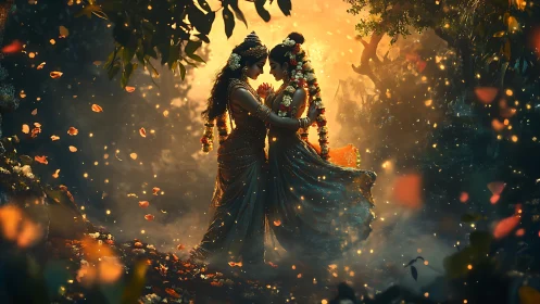 Mythic lovers in luminous forest, cinematic digital tableau.