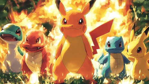 Fiery Pokémon squad strides through blazing golden inferno.