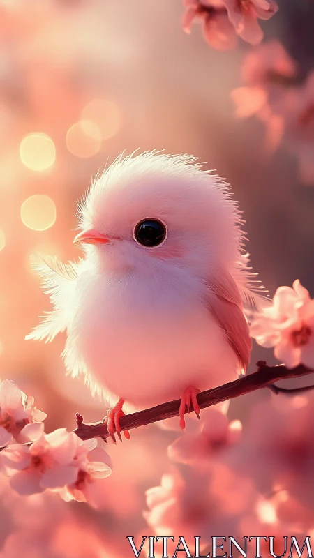 Fluffy white songbird rests on blossom branch at sunrise