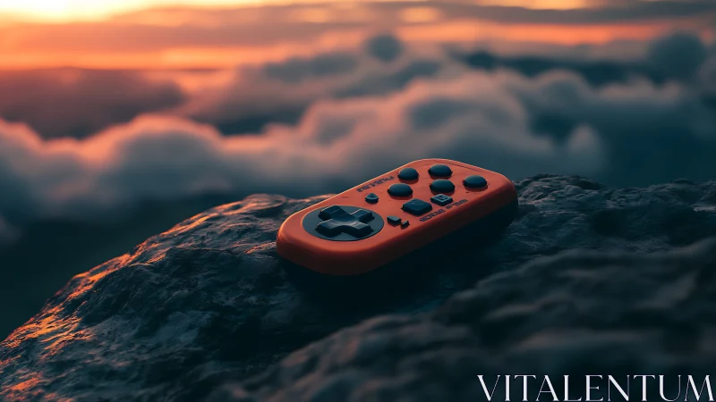 Gaming controller resting atop weathered stone under sunset.