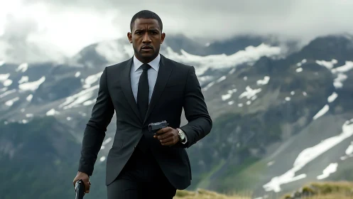 Serious agent in suit walks armed through alpine valley.