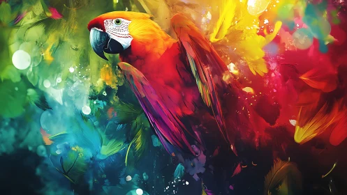 Scarlet macaw profile amid dense abstract color field.