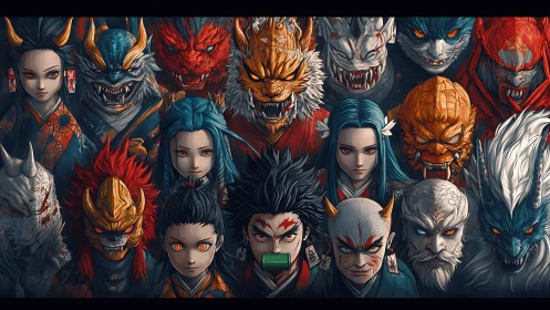 Symmetrical anime demon roster in high-contrast character grid.