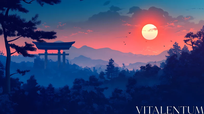 Torii gate stands above layered forest under red sun