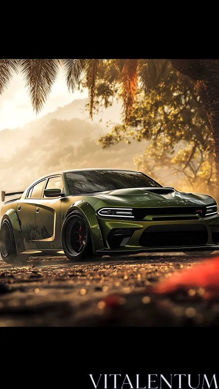 Widebody muscle car rendered in cinematic golden hour lighting