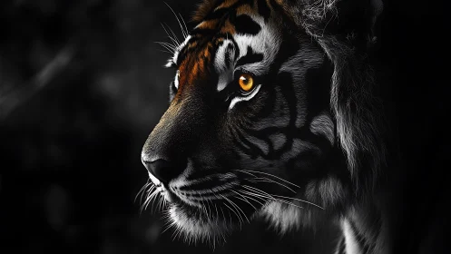 Ember-eyed tiger in shadowed monochrome hunting hush.
