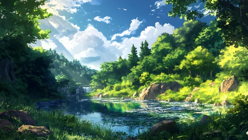 Sunlit forest river dreaming beneath watercolor skies.