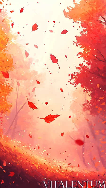 Red and orange autumn foliage forms vertical forest corridor