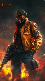 Hero in the firestorm, standing calm between sparks and smoke.