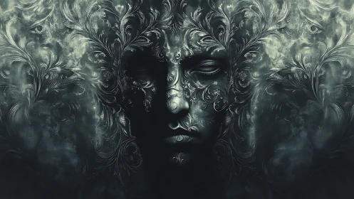 Human face merged with ornate swirling foliage patterns.