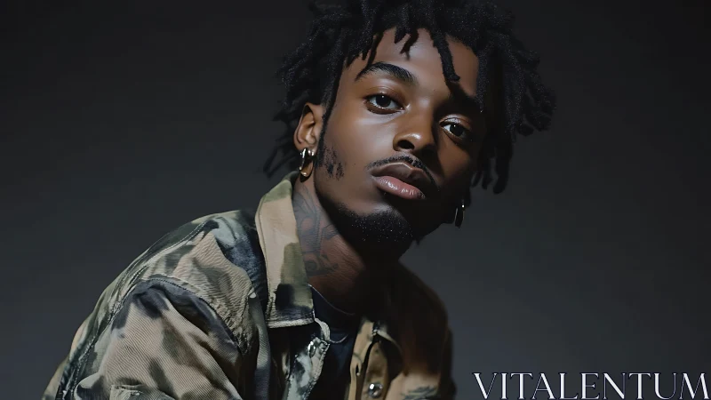 Moody studio portrait of young man in camo jacket.