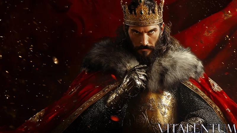 Regal armored king in red cloak with fur mantle, front view
