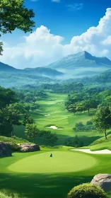 Mountain-view golf course glows under clear summer skies.