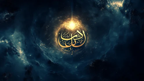 Golden Arabic calligraphy glows within a swirling cosmic storm