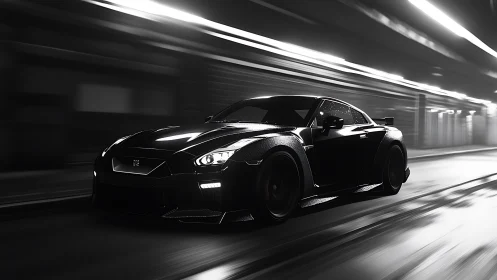 Black sports coupe in motion through blurred night tunnel.