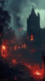 Gothic Castle Engulfed in Apocalyptic Flames.