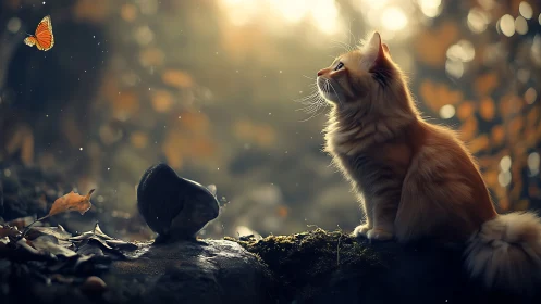 Orange cat watches butterfly in golden garden light