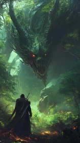 Lone swordsman confronts colossal forest dragon in misty glade.