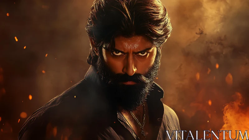 Intense bearded warrior framed by fire and glowing embers.