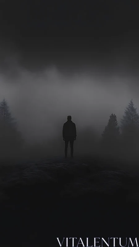 Minimalist silhouette in nocturnal foggy forest composition.
