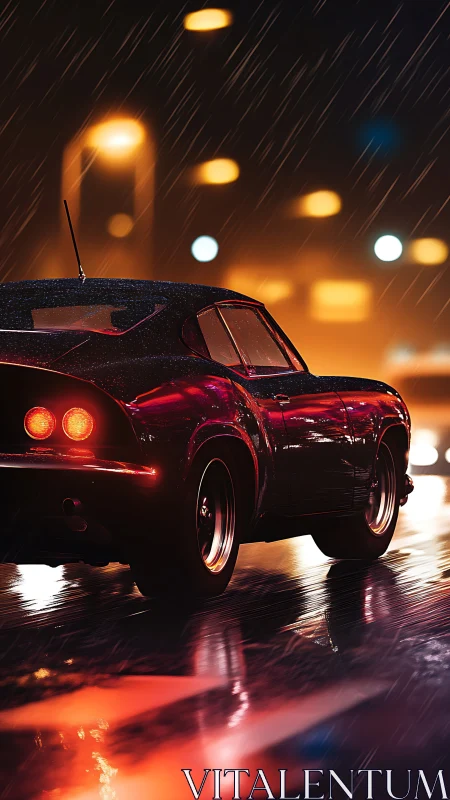 Vintage sports coupe in neon rain on reflective night street.