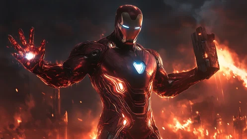 Armored plasma warrior in blazing inferno stance.