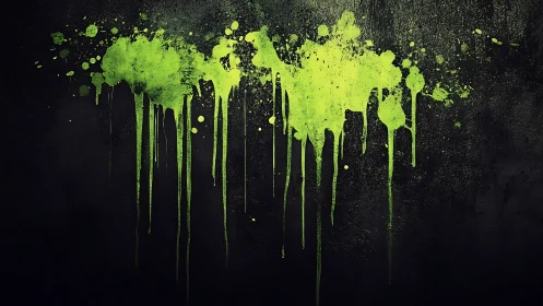 Fluorescent lime pigment drips on matte charcoal substrate.