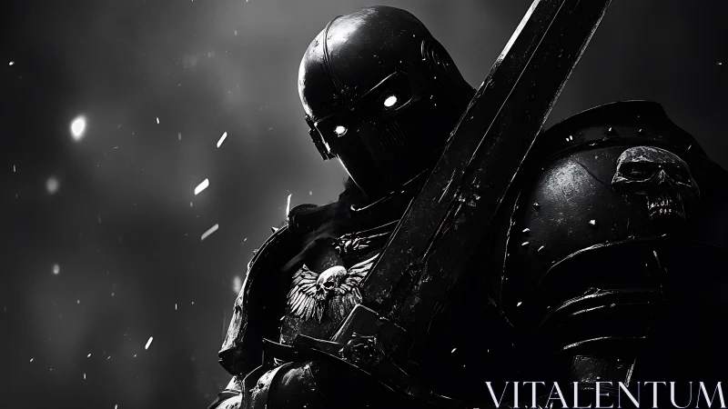 Armored dark paladin holds broadsword under stark chiaroscuro lighting