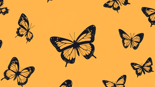 Monarch silhouettes drifting across rich amber field.